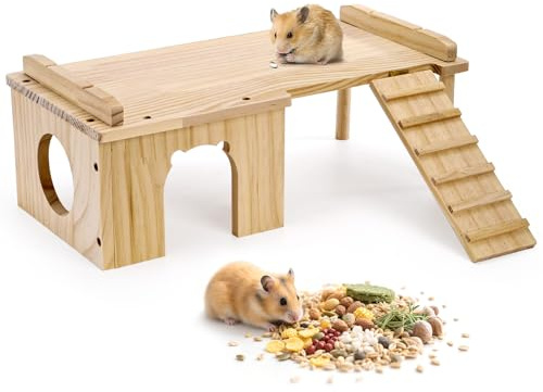 Hacaroa Wooden Hamster Hideout with Ladder, Large Hamster Platform Guinea Pig Hide Play House, Small Animals Climbing Toy Chinchillas Cage Accessories for Syrian Hamsters, Rats, Gerbils