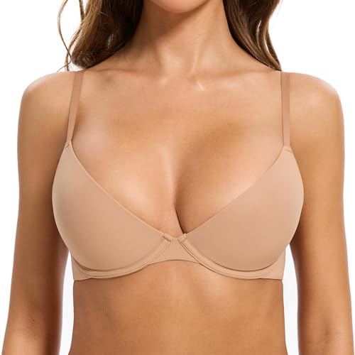 Reggiseno Plunge per Donne - Scollo a Cucchiaio Morbido Come Burro - Leggermente Imbottito con Ferretto Sexy Demi Balconette (Reddish Brown, 3B)