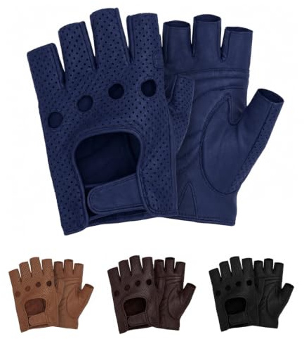 Swift Wear Fingerless Real Leather Cycle Biker Gym WheelChair Gloves Cycling Driving Body building weight lifting Hiking Half Finger Black Brown Summer Gloves Unlined