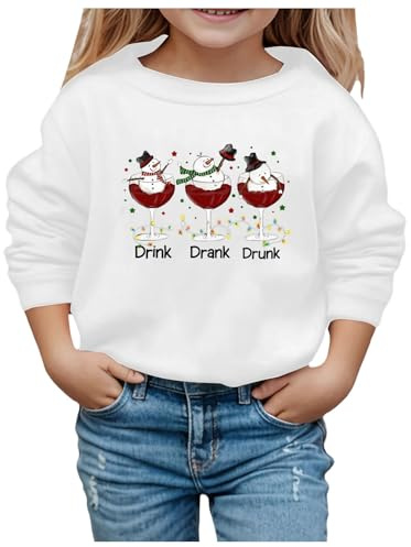 Generisch Felpa natalizia per bambini, con pupazzo di neve, bicchiere di vino, design per ragazze in inverno, bianco, 8-9 Jahre