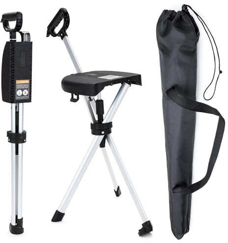 Bastone da passeggio con sedile, telaio in alluminio robusto e leggero, sedia pieghevole con stampella, ideale per viaggi, escursioni, visite turistiche, campeggio, code e attività all'aperto, adatto
