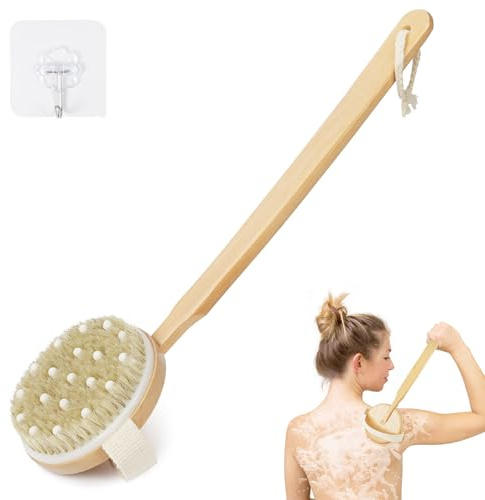 AOOSU Ryggborste dusch, 42 cm badborste med långt handtag, duschborste rygg kroppsborste naturborst torkborste massageborste borste borste för peeling borttagning av död hud cellulit