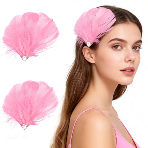 MWOOT 2 Pinzas para el Cabello Pluma para Disfraz Carnaval, Adorno Cabeza Pluma Rosa para Mujeres y Niñas, Horquillas Vintage con Strass para Boda, Compromiso, Halloween, Fiesta de Cosplay