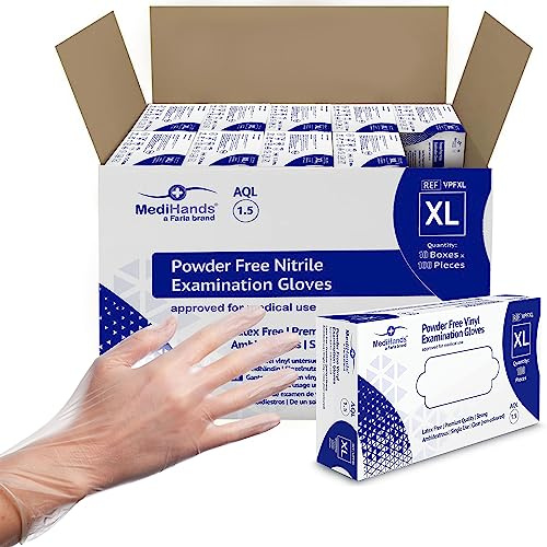 Farla Medical MediHands Vinyl Clear Gloves, Box of 1000 - Disposable Vinyl Gloves X Large - Powder Free, Latex Free, & Protein Free Clear Gloves - Multi-Purpose, Single Use
