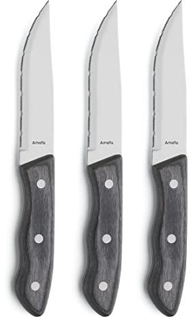 Amefa Hercule Steakmesser Set 3-delat | Steakmesser mit Wellenschlif | Pakka-Holz-Griffe i Kastanie-Optik | Grillmesser | Pizzaskärare | Steak Messer Set, Braun