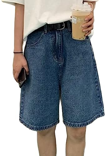 ORANDESIGNE Shorts en Denim Femme Taille Haute Été Harajuku Jean Bermuda Y2k Baggy Biker Shorts Style Coréen Filles Preppy Streetwear A Bleu XXL