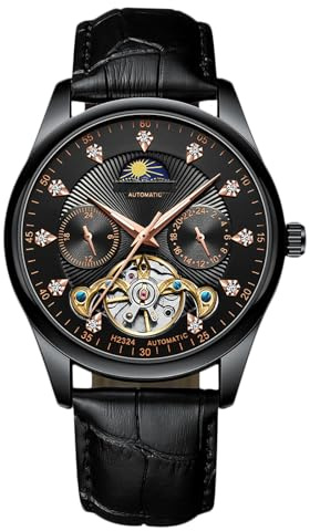 RORIOS Herr automatisk Tourbillon klocka diamant skelettklocka vattentät självuppdragande armbandsur lysande månfas klocka läderrem, Svart roséguld B, L