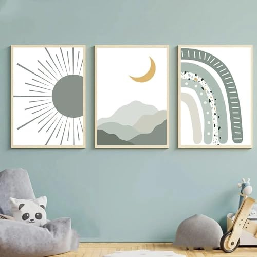Herfair 3er Set Poster Kinderzimmer, Grün Regenbogen Sonne Bilder, Wandbilder Bilder Boho Babyzimmer Deko Wandposter für Kinder Junge Mädchen, Ohne Rahmen (50x70cm)