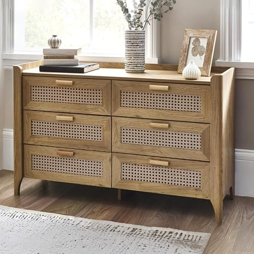 Julian Bowen Sydney Chest of Drawers - 6 Drawer Storage Organiser w/Faux Rattan Effect Sticker Front, Oak Effect Boho Design Dresser for Bedroom - H75 x W120 x D41cm