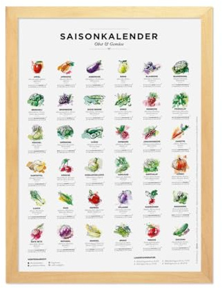 Calendrier saisonnier pour fruits et légumes comme poster, décoration de cuisine, décoration murale, pluriannuel, avec illustrations des fruits et légumes les plus populaires d'Europe centrale