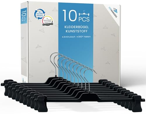 RSR Hangers Perchas para pantalones, 10 unidades, de PUC, de plástico, 36 cm, pinzas antideslizantes de goma y ajustables, gancho giratorio 360°, ahorra espacio, fabricado en Alemania