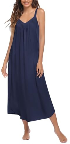 Ekouaer Camisones de Mujer Cuello en V Vestidos de Casa sin Manga Ropa de Dormir Camison Lactancia Sleepshirt Sexy, Azul Marino, S