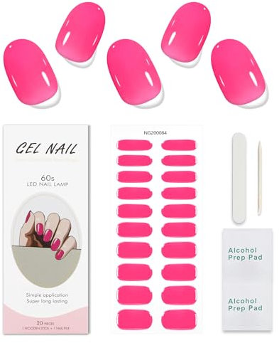 JMEOWIO Gel Nail Stickers Bright Pink Semi Cured Gel Nail Strips Wraps UV/LED Nails Art Design Decoration Accessories