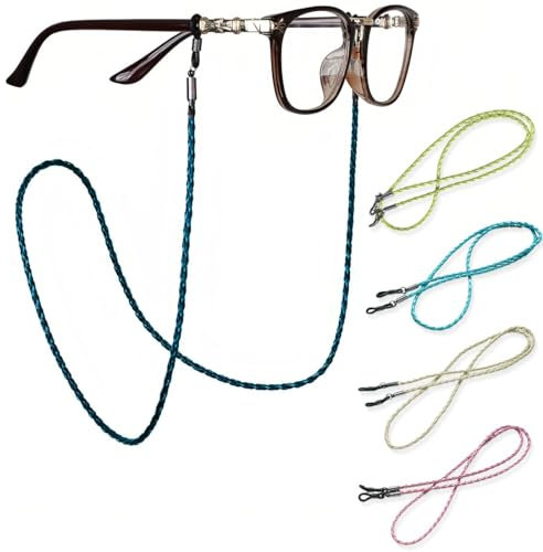 4 Pièces Cordon Lunettes, Cordon de Lunettes Tressé, Cordon Lunettes Femme, Lunettes Chaîne Lanière, Attache Lunette, Cordons à Lunettes, pour Femmes Hommes (Bleu Clair + Blanc + Vert + Rose)