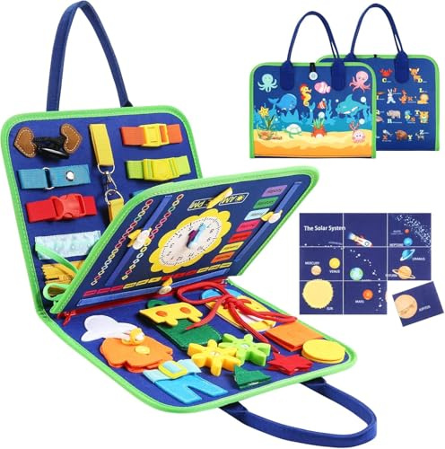 khlerox Busy Board Montessori Toy for Kids, Educational Learning Activity Sensory Board, Developing Sensory Toy for Fine Motor Skills, Travel Toy for Plane Car, Gift for Boys Girls (Blue)