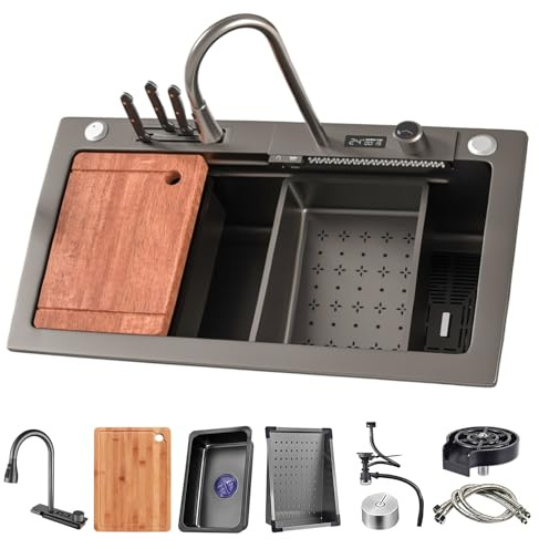 Lavello con Display Digitale a Una Vasca, lavello da Cucina con Scarico Quadrato, lavello da postazione di Lavoro a Cascata, con risciacquatore per Bicchieri e Scatola portacoltelli (Colore: