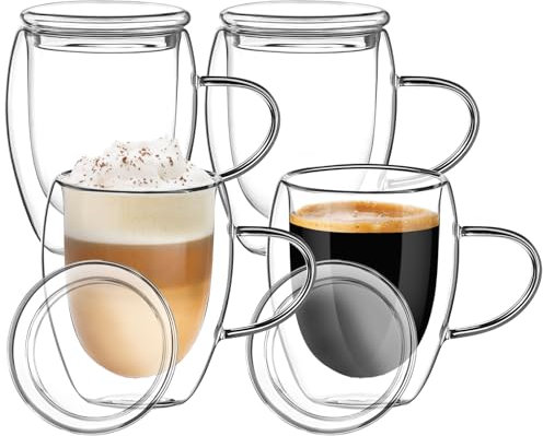 Esilihom Lot de 4 tasses à café en verre à double paroi de 350 ml avec couvercle, tasses à cappuccino, macchiato, latte avec poignée, résistantes à la chaleur, pour café, thé, lait, jus, crème glacée