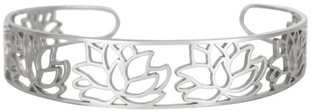 Dreamtimes Pulsera abierta de loto de acero inoxidable, elegante pulsera de loto tallada hueca ajustable para mujer, joyería floral bohemia Acero inoxidable (Plata)