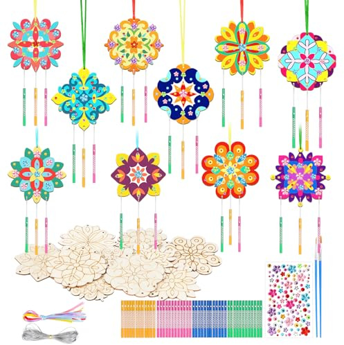 SRIZIAN 10 Pcs Wind Chime Set, Mandala Wind Chime Kit for Kids, DIY Wooden Wind Chimes for Garden Indoor Outdoor Hanging Decorations