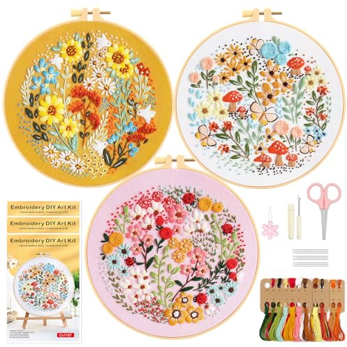 WIVLAX Embroidery Kit for Beginners Adults, 3 Pack Hand Embroidery Starter Kit with Flower & Mushroom Patterns, Includes Embroidery Hoop, Threads & Needles, DIY Stitch Craft Sewing Gift Set for Women