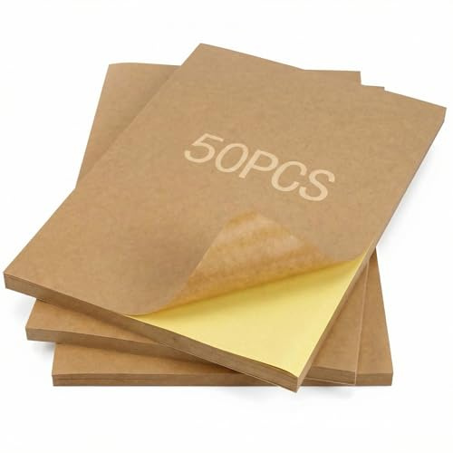 QWORK® A4 Étiquettes autocollantes Kraft brun - 50 feuilles, 210 mm x 297 mm, autocollantes pour impression laser/jet d'encre