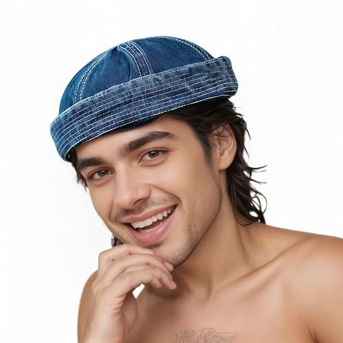 Fashionabel denim-vintage docker-beanie-mössa, unisex, för män och kvinnor, kantlös, med manschett, dödskallemössa, justerbar