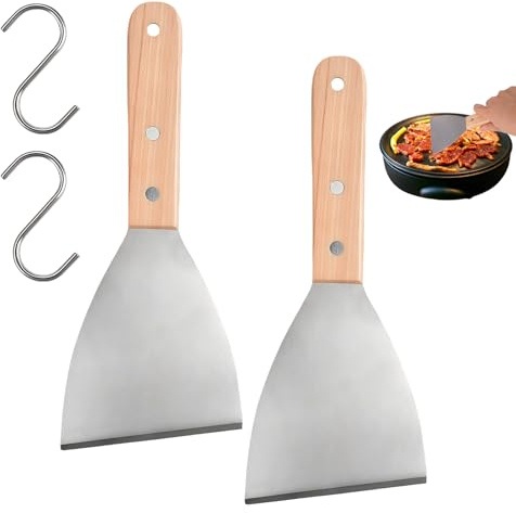 2 Piezas Espátula Profesional para Parrilla, 23.5x10cm Espatula Cocina Acero Inoxidable con Mango de Madera, Espátula Triangular, Plancha Cocina Espatulas para Barbacoa Teppanyaki Pizzas