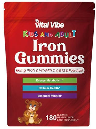 Iron Gummies for Women Men, Iron Supplement with Vitamin C, Folate, B12, Red Blood Cell, Energy & Immune Support - Highly Absorbed, Gentle, Vegan - Pineapple Flavor - 180 Count