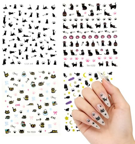 4 Hojas de Pegatinas Autoadhesivas para Uñas, Lindos Diseños de Gatos, Decoraciones Infantiles para Uñas, Múltiples Estilos en Blanco y Negro