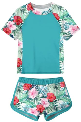 Fanient Girls Short Sleeve Swimming Costume Kids Quick Dry Swim Set 2-Piece Summer Hawaii Printed Swimwear 13-14 Years,14T