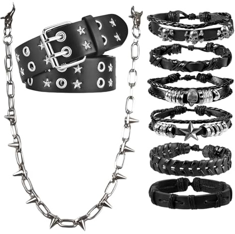 Tastetreasure Juego de 8 accesorios Y2K, cinturón de cuero con tachuelas de estrella punk, cadena de pantalones de picos resistentes, kit de pulseras multicapa de calavera gótica para hombres y
