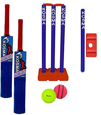 Set da cricket Kwik per 2 giocatori con borsa, 2 mazze da cricket n. 2 (66 cm) e n. 3 (71,1 cm) | 2 palline a vento | set di wicket con aste e supporto, bersaglio con supporto, colore rosso e blu