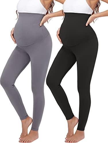TOUCH LOOM Maternity Leggings Maternity Over Belly High Waist Full Length Leggings Pants for Women Maternity Clothes Pregnant,Medium,Black/Grey