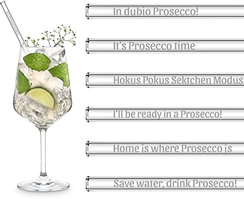Prosecco Geschenk Glasstrohalme Lustige Sprüche | 6x 20cm Strohhalme Prosecco Geschenkset mit gravierten Sprüchen | Cocktail Set Geschenk beste Freundin