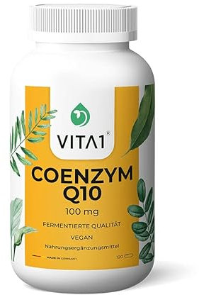 VITA1 Coenzym Q10 mit 100 mg Vegane Kapseln 120 Kapseln natürliches Coenzym Q10 im praktischen 4 bis 8 Monatsvorratfrei von Aromen, Farbstoffen