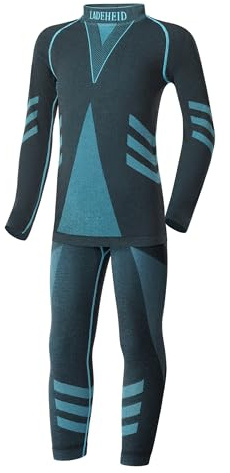 Ladeheid Conjunto Térmico para Niños – Ropa Interior Térmica para Invierno con Camiseta Térmica Niño & Niña y Pantalón Termico Largo – Ideal para Futbol y Esquí LAGI009 (Negro/Turquesa, 146-152)