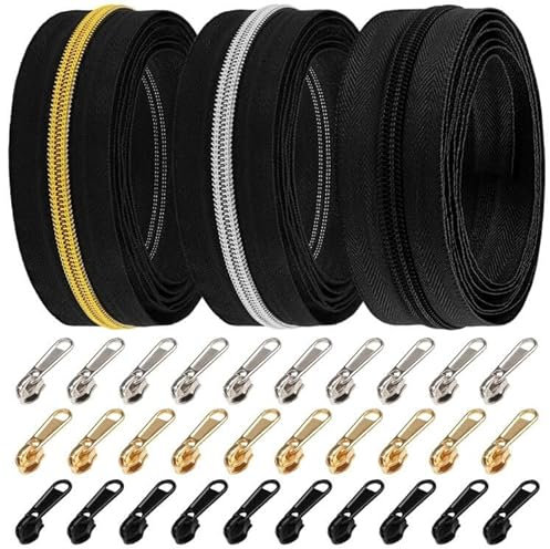 DOITEM 15 m endlos Reißverschluss Meterware Beige Reissverschluss 6mm-Spirale + 30 Nonlock-Zipper (Schwarz Gold Silber)