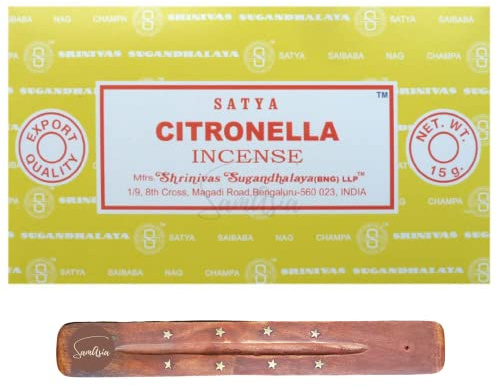 Satya Nag Champa Citronella rökelsepinnar | x12-pack | med SamASIA rökelsepinnar hållare | Används för aromaterapi, yoga, meditation och avkoppling