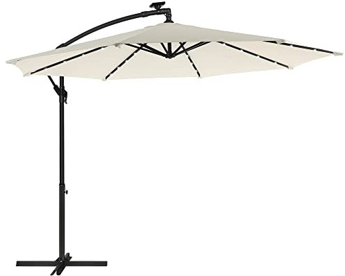 SONGMICS Sombrilla para Balcón con Iluminación LED Solar, Brazo de 300 cm de Diámetro, 32 Luces, con Base, Parasol UPF 50+, con Manivela, para Terraza, Jardín, Beige GPU118M01