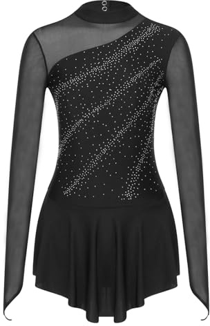 Oyolan Dam trikåklänning dans skridskoåkning gymnastik strass glänsande leotard långärmad kostym show S-XXL, svart, S