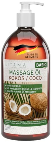 Kitama Massageöl Kokos 1-Liter - exotischer Duft von Kokosnüssen für pflegende Massage zuhause & in der Massagepraxis - Aromaöl - Thai Massage-Öl, made in Germany