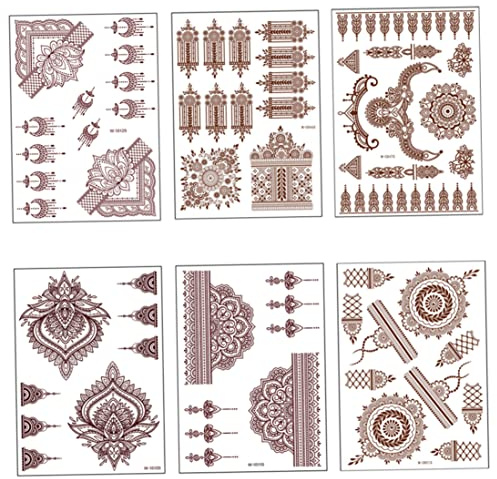 Beito 6sheets Henna Tattoos Brown Red Tattoos Sticker Lace tillfälliga tatueringar Vattentäta kroppsklistermärken för kvinnor flickor kroppskonst