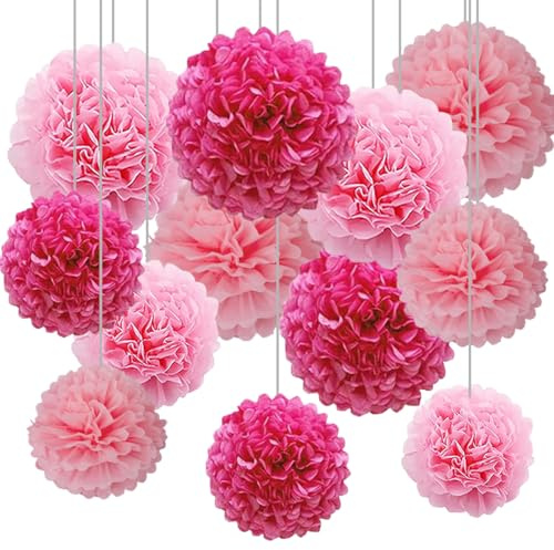 12pcs Hot Pink and Pink Tissue Paper Pompoms,Hanging Paper Pom Poms for Wedding Valentine's Day Engagement Birthday Party Decorations