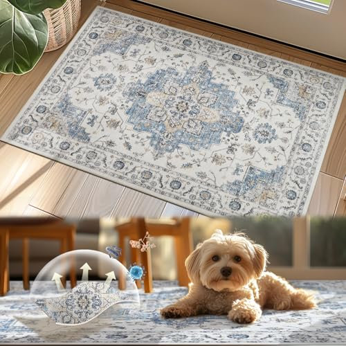 TOPICK Alfombra de pasillo vintage alfombra de entrada lavable boho interior floral medallón pequeña alfombra antideslizante retro suave súper fina clásica para cocina baño dormitorio 60 x 150 cm azul