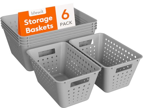 Lifewit Plastic Storage Basket for Organizing, 6 Pack Stackable Open Containers, Multi Size Storage Bins for Shelving, Pantry, Office and Cabinet, 4 Large and 2 Small Size, Gray
