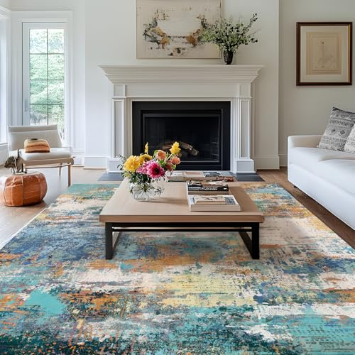 MAST DOO Tapis de salon, moderne, à poils courts, grand, abstrait, lavable, antidérapant, design, pour salle à manger, bureau, décoration, multicolore, 200 x 300 cm
