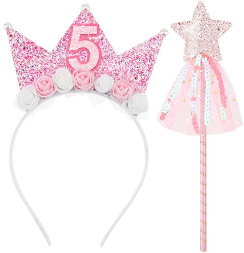 DRESHOW Diadema de Cumpleaños y Varitas de estrella Corona de Cumpleaños para Niñas con Flores Rosas Corona de Cumpleaños Rosa