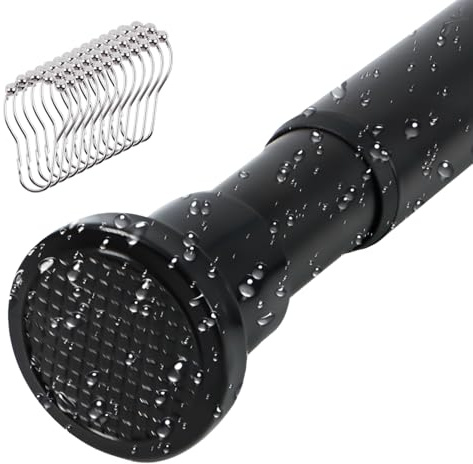 Scettar Tringle à rideau de douche télescopique de 80-205cm,Barre de Rideau Douche Sans Perçage (Noir),barre de rideau pour salon, salle de bain et Chambre à coucher fenêtre