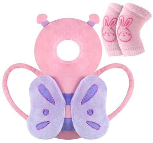 Vicloon Protector de Cabeza para Bebe, Cojín Protector Seguridad Bebe con Rodilleras, Ajustable Almohada Protección Bebe, Protección para Cabeza y Espalda del Niños para Gatear y Caminar-Mariposa rosa