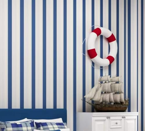 Papier peint intissé Auto-adhésif Rayures verticales minimalistes modernes Peel and Stick Film Autocollant Meuble Décoratif pour Salon Chambre à Coucher de Cuisine 0,53 m x 3 m = 1.59 m²(Bleu foncé)
